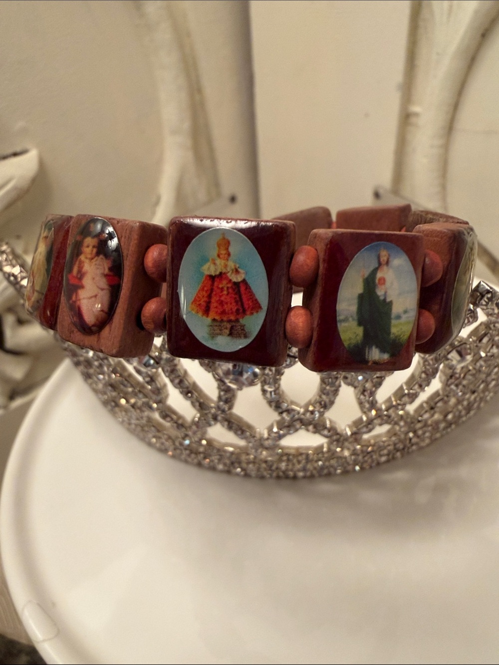 Wooden Bead Stretch Bracelet with Religious Image Accents - Brown